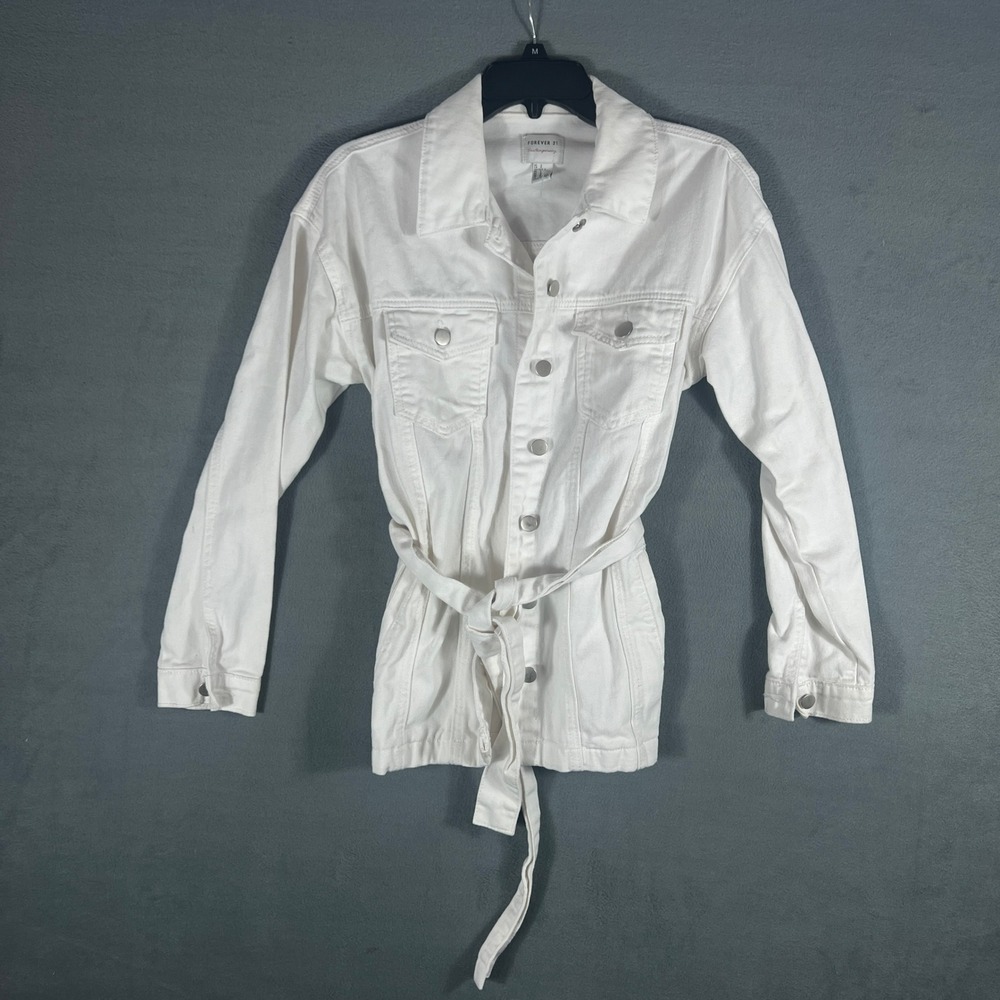 Forever 21 Womens Denim Jacket S White Solid Belted Utility Button Up Jacket